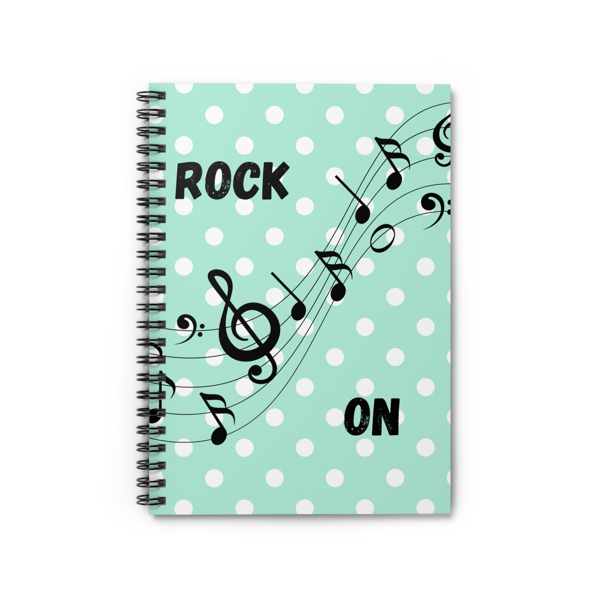 Light Green Polka Dot Music Notebook — Rock On Spiral Journal (Ruled)